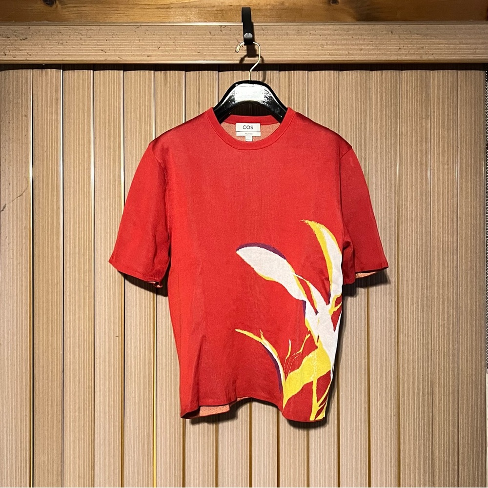 COS x Lea Colombo Relaxed 100% Cotton Knit T-Shirt in Red/Yellow Palm Floral